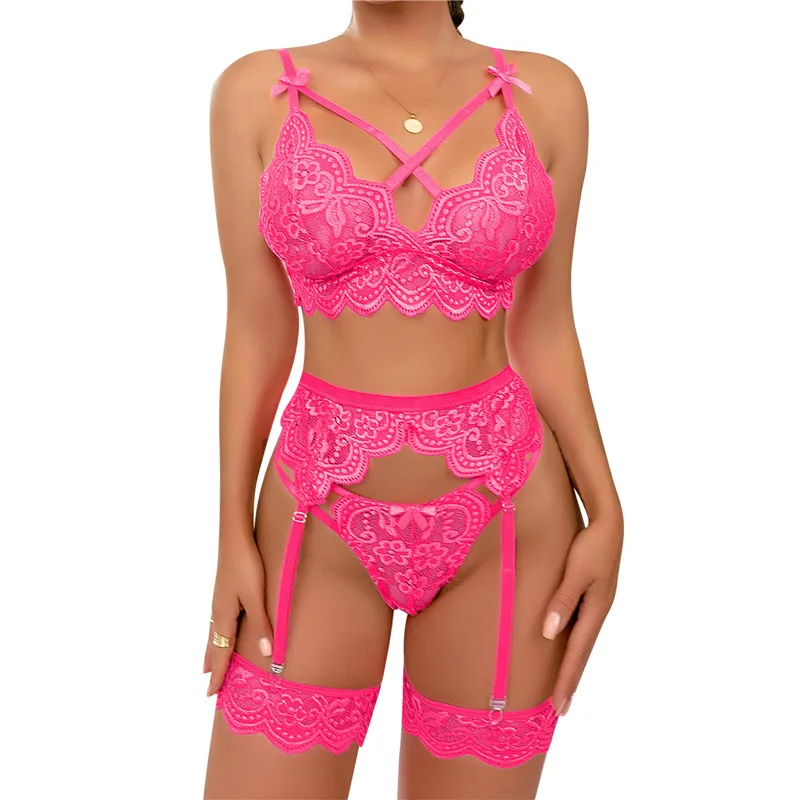 Sexy Erotic Lingerie Women Bra And Panty Garters 3pcs See Through