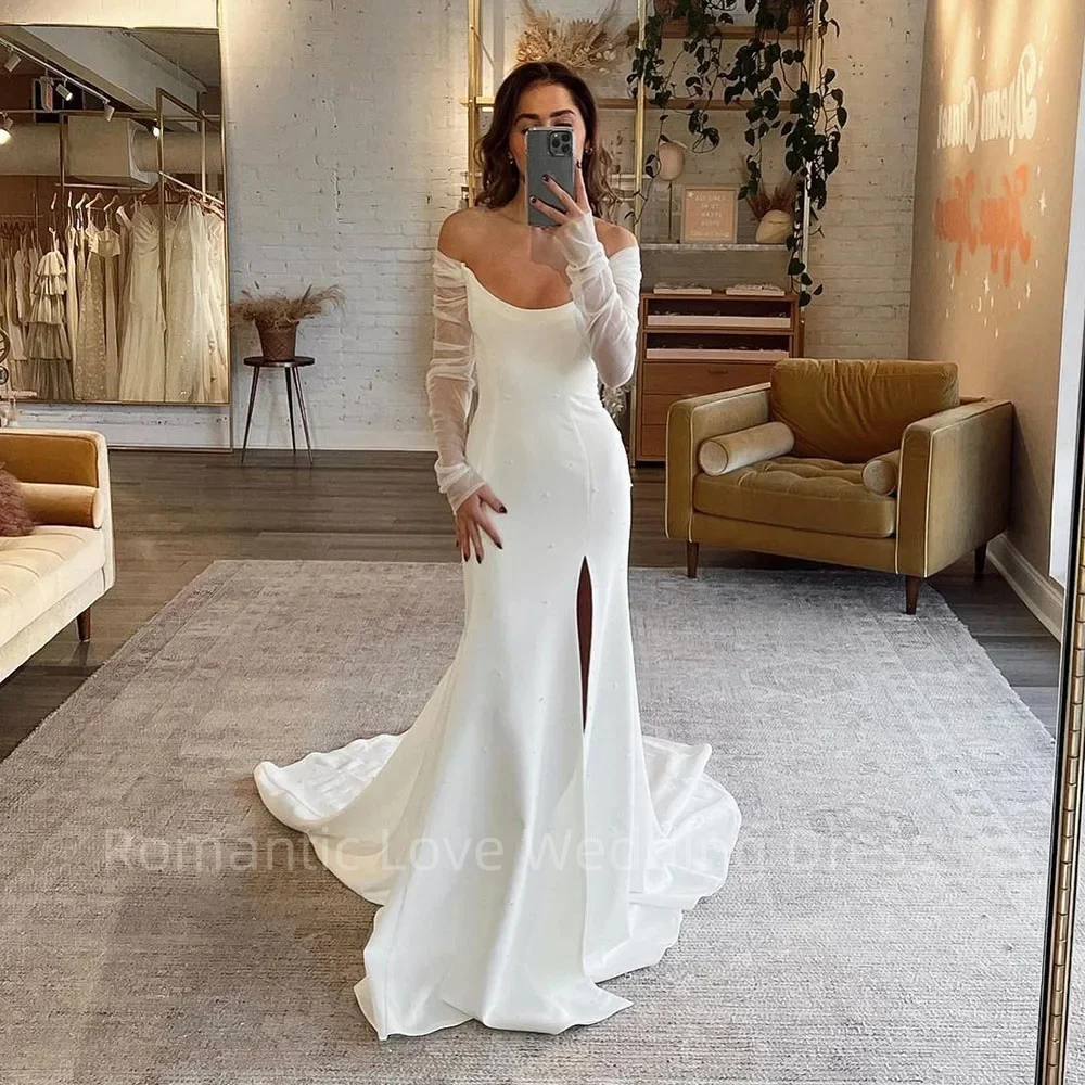 

Elegant Beads Pearl Mermaid Wedding Dresses Soft Satin Beach Bridal Gowns V-Neck Women Side Split Wedding Party Gown Custom