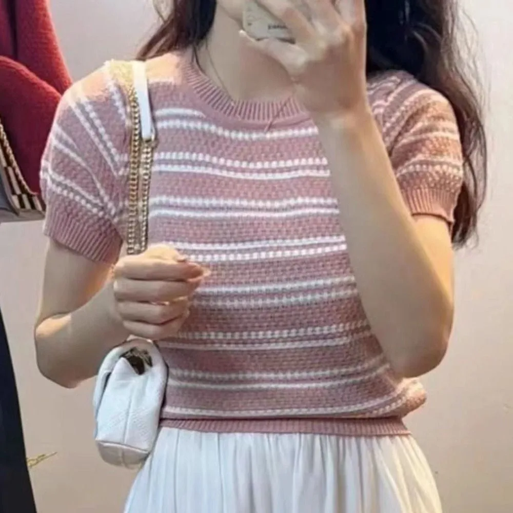 Stylish Ins Short Sleeve Crop Top Sweet Female Clothing Stripe Knitted T-shirt Bottoming Shirt Slim Fit Knitwear Women Summer