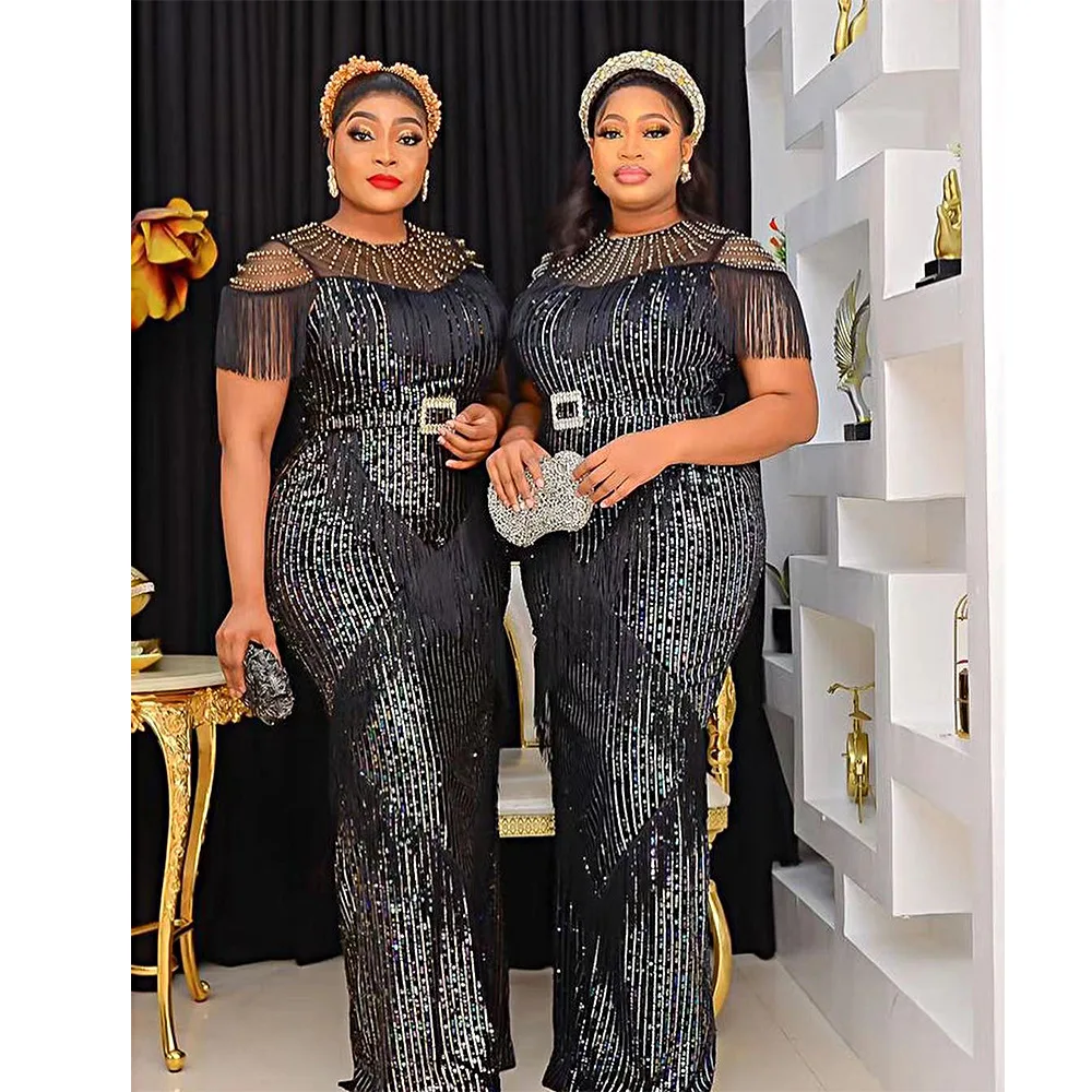 Plus Size Sequin Evening Dress Women Fringed Luxury Prom Elegant Chubby Cloth With Belt Female Long Robe 2023 Summer Party Dress