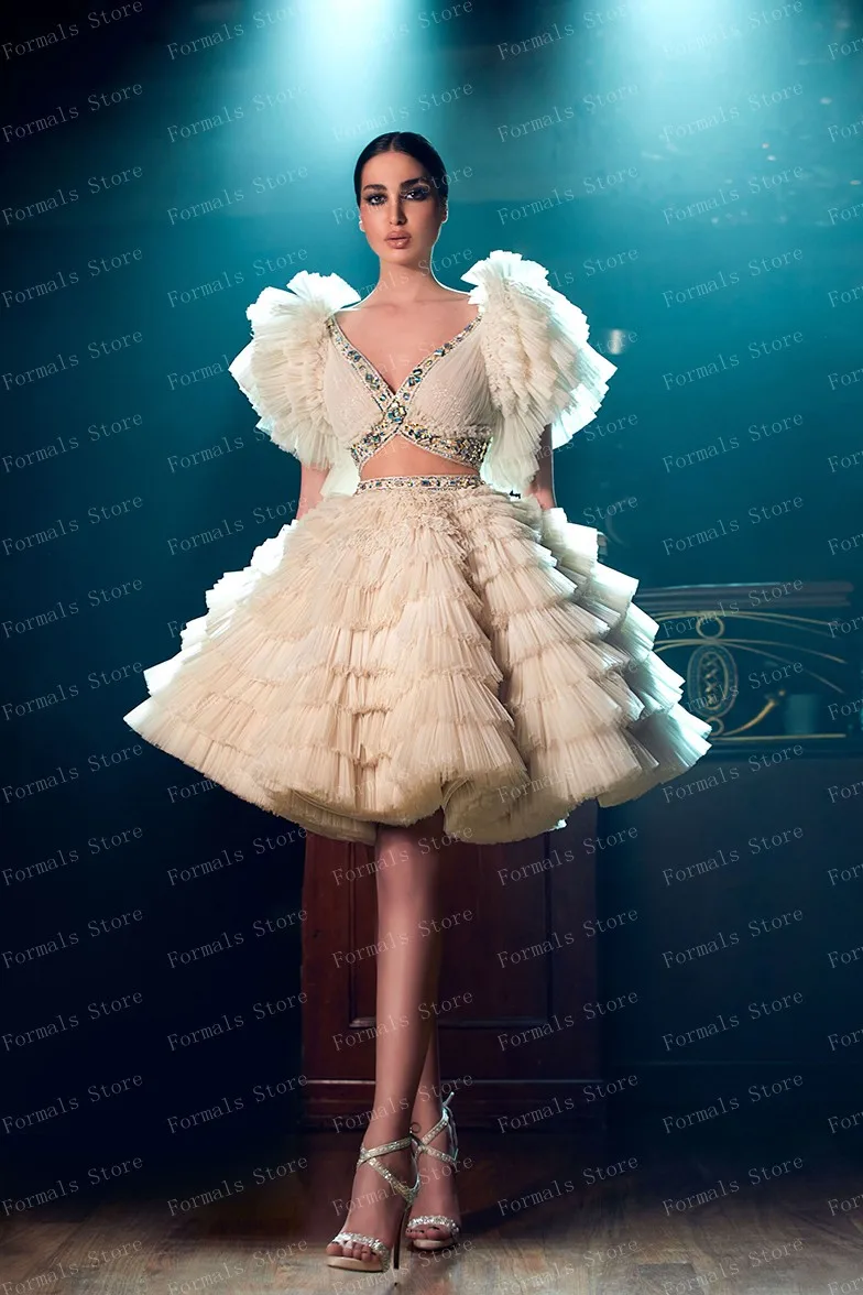 Prom Dress V-neck Short Sleeve Tulle Ball Gown Ruffled Mini Length Crystals Beaded Two Piece Set