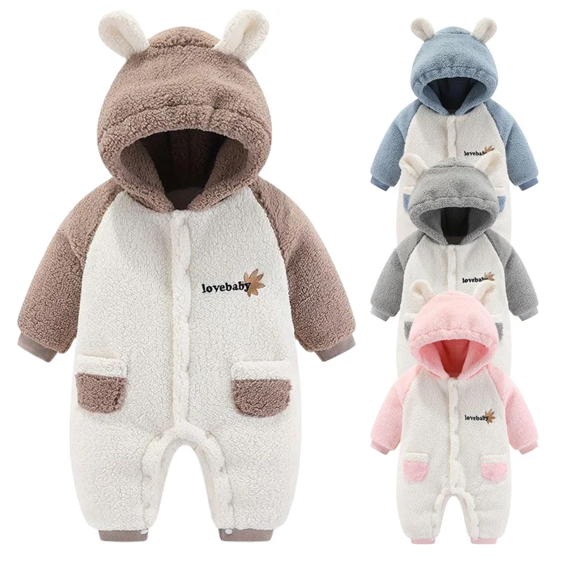 

Lamb Wool Newborn Jumpsuit Cartoon Hooded Baby Romper Autumn Winter Warm Toddler Onesie Thicken Cotton Infant Outfit 0-24M