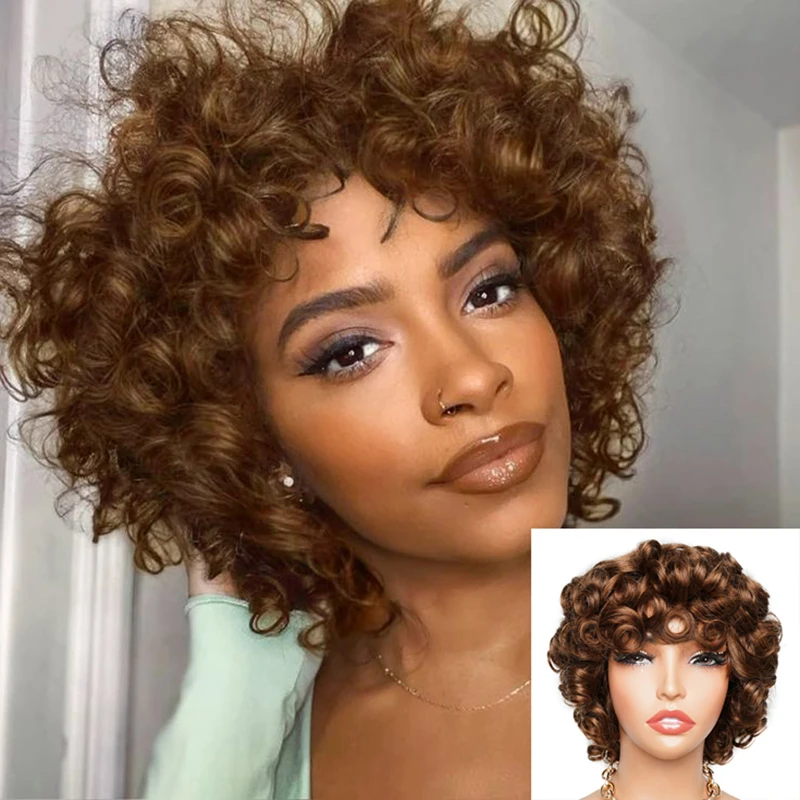 Brown Full Bouncy Curl Glueless Human Hair Wigs with Bang for Women Full Wig Bobbi
