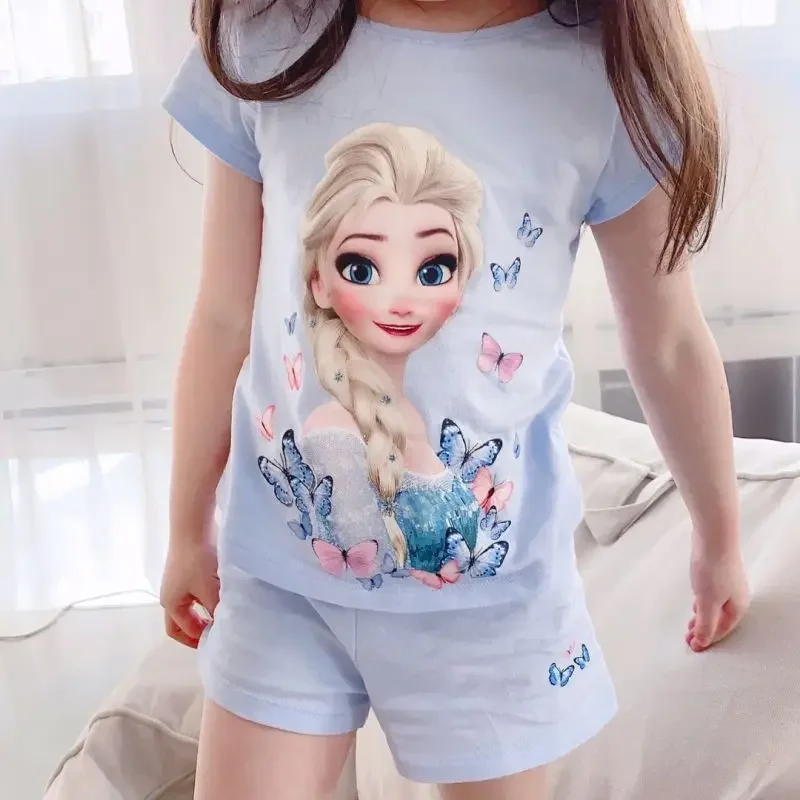 Children Pajamas Set Cartoon Frozen Elsa Print Kids Girls Short Sleeve Clothing Sets Home Sleepwear Summer Nightgown 2-9 Years