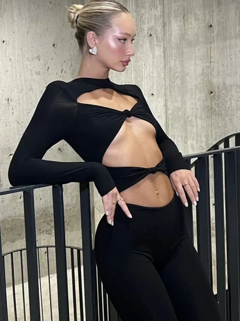 

Fashion Elegant Hollow Out Tie Knot Party Bodysuit Women Tight Fitting One Piece Black Jumpsuit Night Club Outfit Streetwear