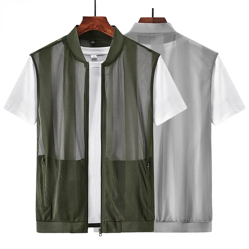 Summer Mens Mesh Fishing Vests Multi-pocket Outdoor Work Big Size Zipper Jacket Men Quick-drying Stripe Skin Clothes Hiking Vest