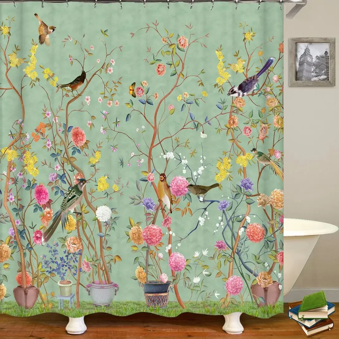 

Chinese Style Flower and Birds Tree Shower Curtains Bath Curtain Waterproof Bathroom Decor With Hooks 3d Printing Bath Curtain