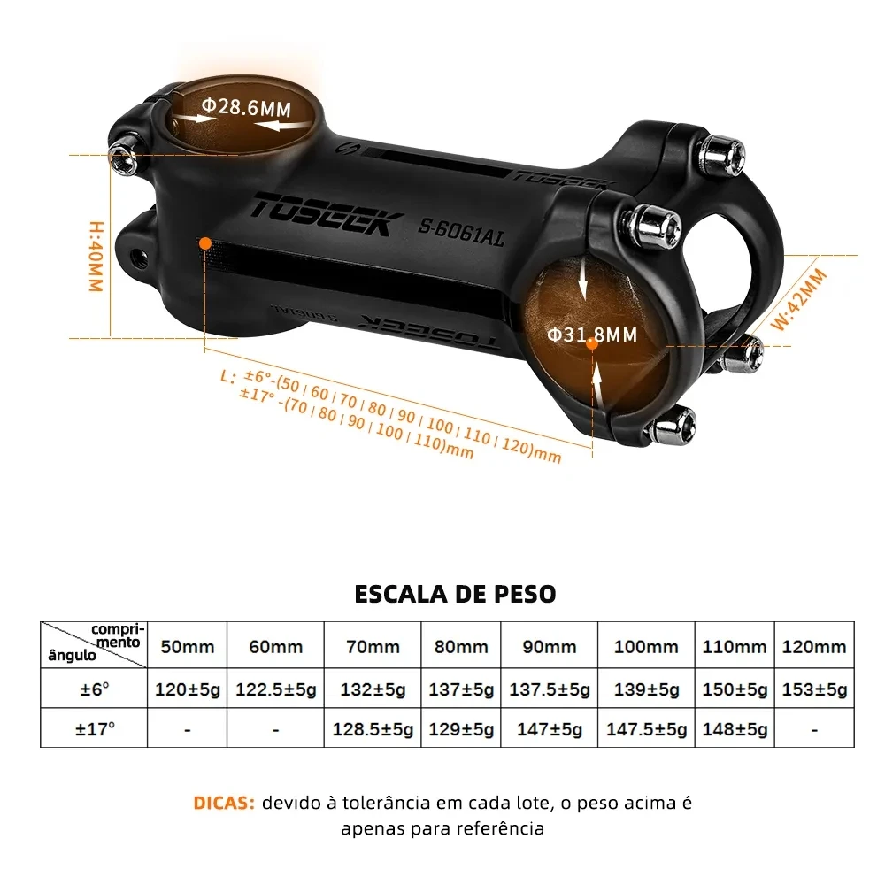 TOSEEK Ultralight Aluminum Bike Handlebar Stem 6° 7° 17° 25° Degree Mtb Stem 35mm-120mm Power Mtb 31.8mm Mountain Bicycle Stem