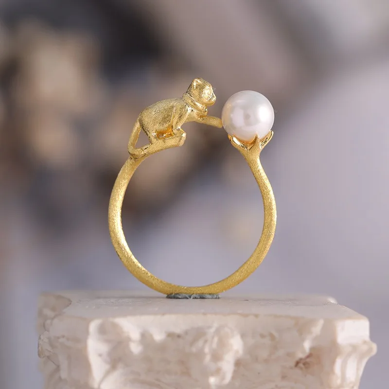 Anello Aperto Regolabile Con Gatto E Perla Finta - Gioiello Delicato Per Ragazze E Donne - 2