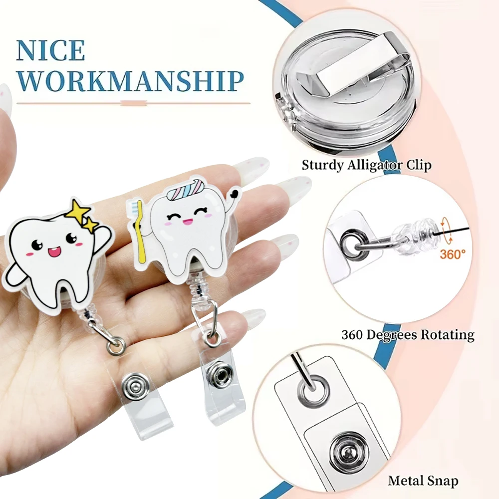 치아 모양 디자인 접이식 배지 릴 (간호사, 치과 보조진료원, 의사, 사회복지사, 클리닉 직원용) 클립, 클리닉 선물