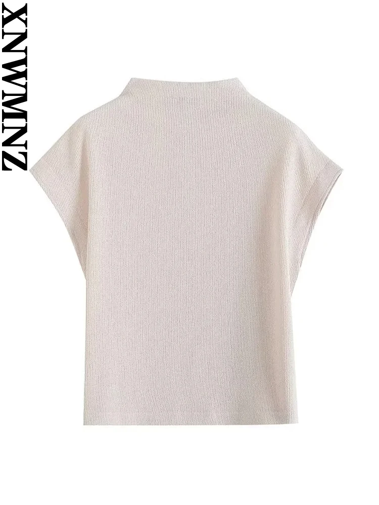 

XNWMNZ Женская мода 2023 осень новая простая футболка с высоким воротом женский ретро короткий рукав Универсальный трикотажный топ