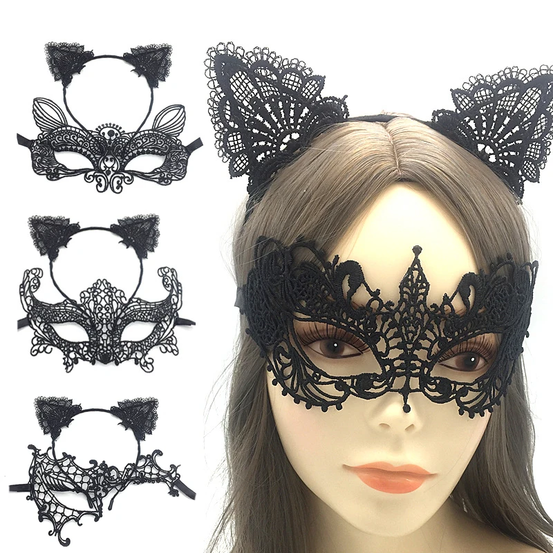 Conjunto De Disfraz De Gato Negro Para Mujer, Incluye Máscara De Mascarada, Calcetines De Gato, Gargantilla De Orejas De Encaje, Collar, Guantes De Red, Medias De Cola Para Fiesta De Halloween