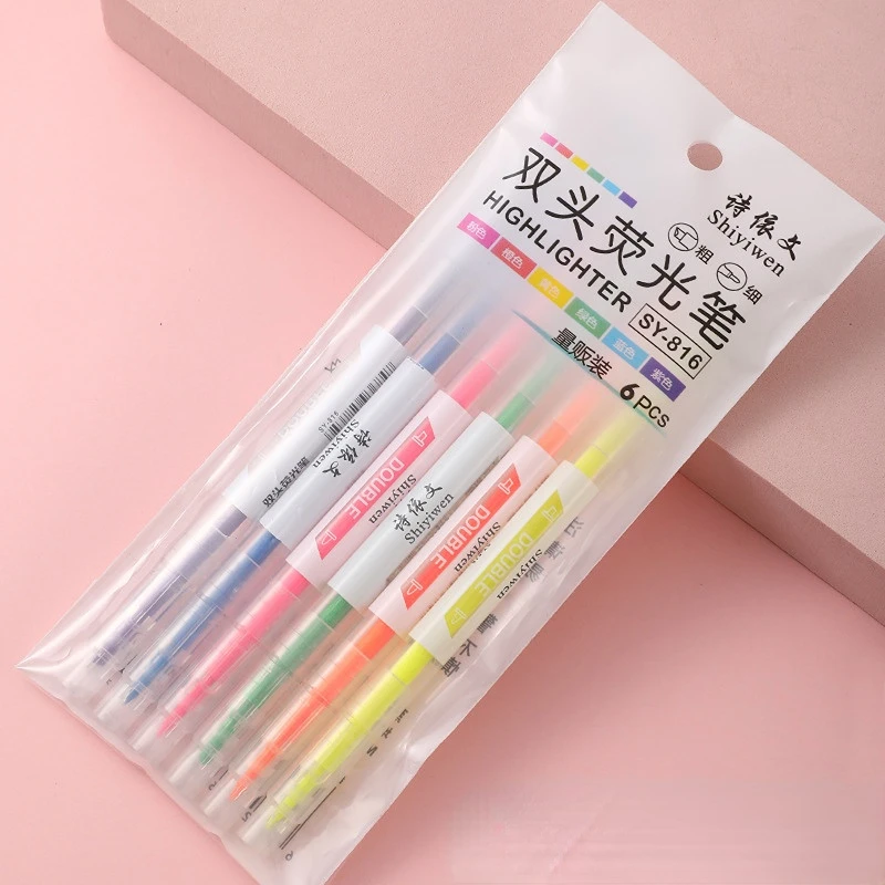 6PCS Double-headed Fluorescent Pen 6-color Marker Underlined Marker Student Doodle Hand Marker Slanting Head Watercolor Pen