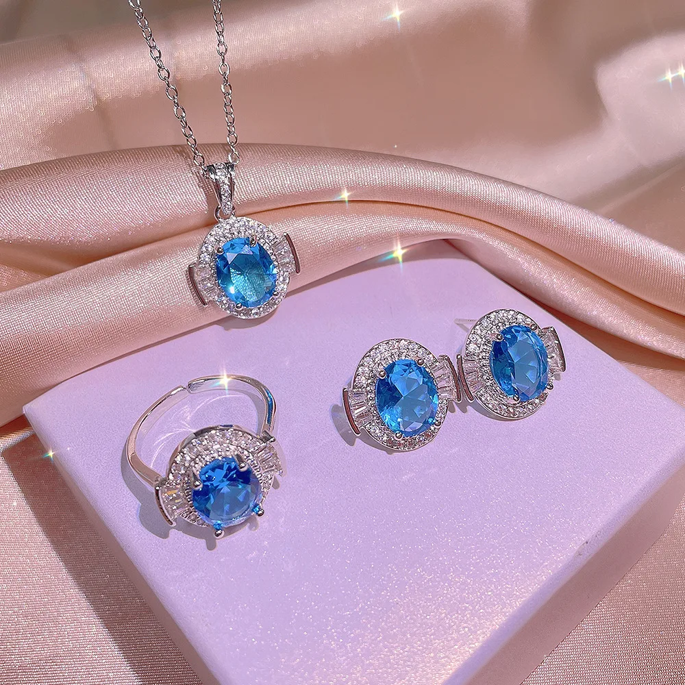 925 Silver Light Blue Zircon Ring Earring Necklace Three-Pcs Set For Ladies Wedding Party Birthday Jewelry Gift