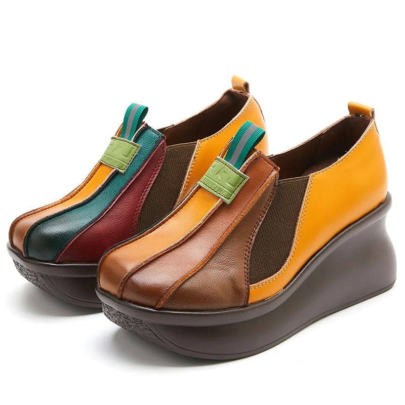 

ZXRYXGS Premium Cowhide Splice Spell Coloe Trend Shoes Woman Leather Shoes High Heel Wedges Shoes 2023 New Spring Women Shoes
