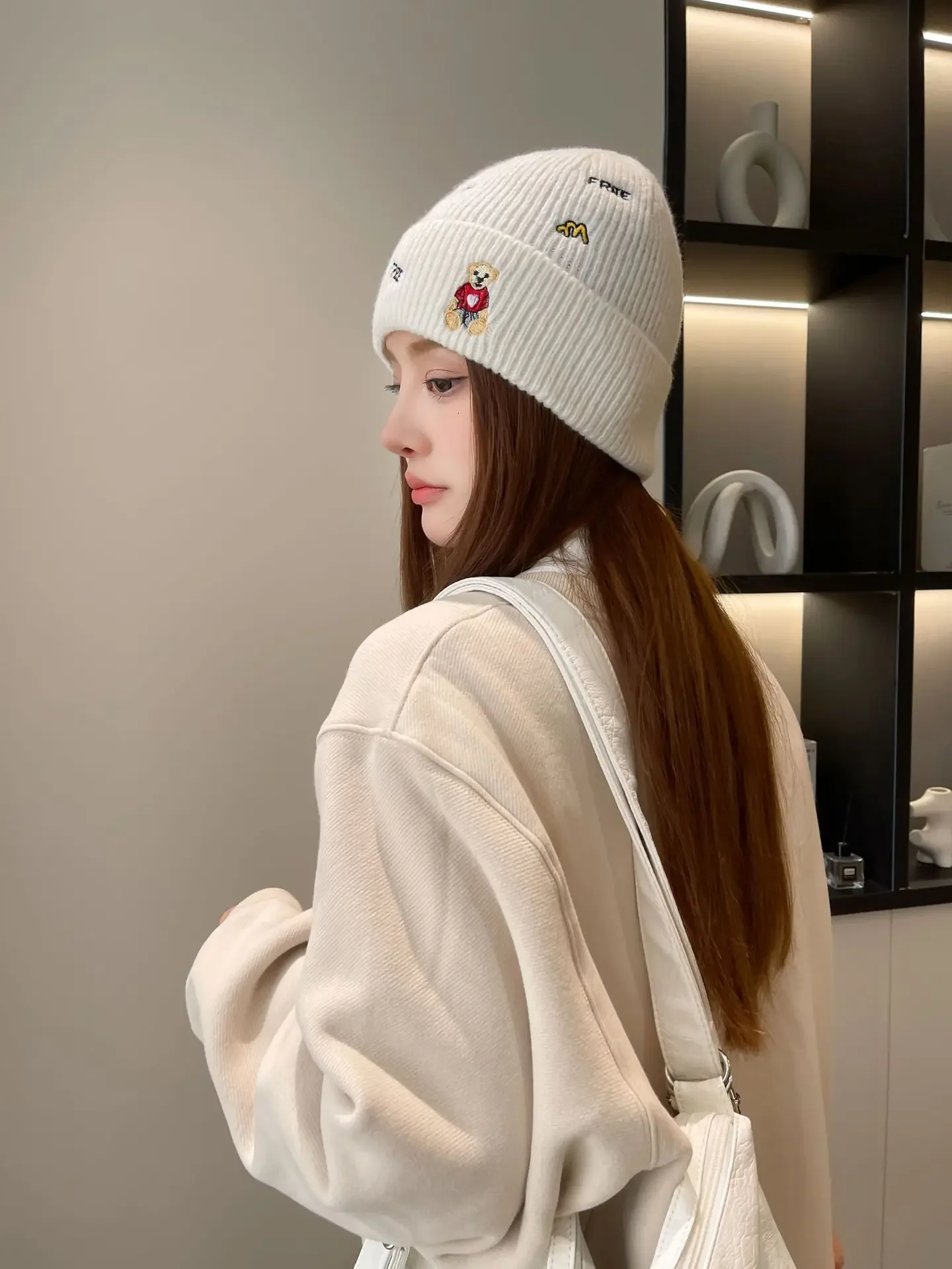 2023 New Bear Letter Wool Hat Woman Korean fashion Cap Trend Warm Ear Protection Cute Winter Knitted Hat Tide