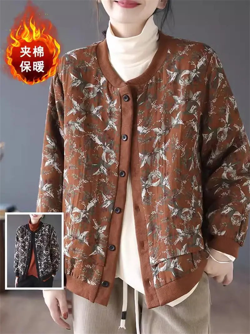 

Женская Стеганая куртка оверсайз в стиле ретро с принтом, легкая Повседневная универсальная хлопковая куртка с Бейсбольным воротником, короткий топ с цветочным принтом K856