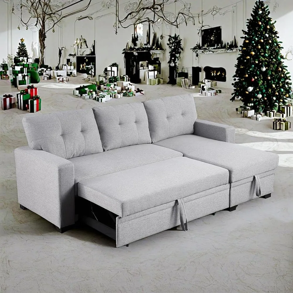 

Linen Upholstered Sofa, 3-Seaters, Gray, Sofa Bed with Storage Chaise & Pull-Out Bed