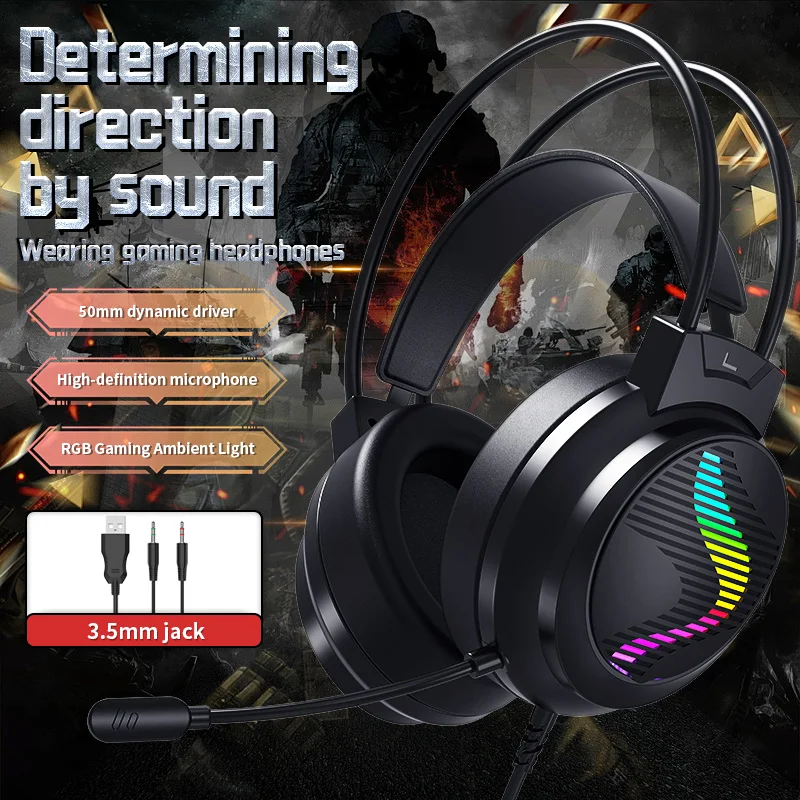고화질 마이크가 장착된 유선 게이밍 헤드셋 RGB 오버이어 헤드폰 H10 50mm 드라이버 3.5mm USB 소음 차단 기능 PC 노트북용