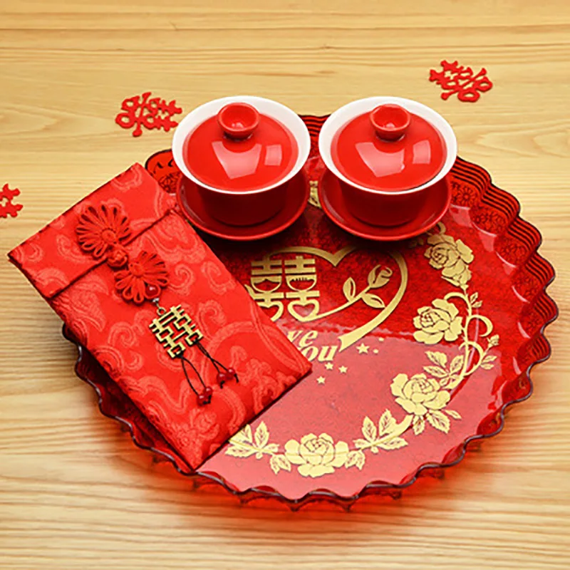 Luxury Chinese Red Plastic Oblong Round Toast Tray Traditional Wedding Party Tea Trays to Serve Food Festive Ceremony Decoration