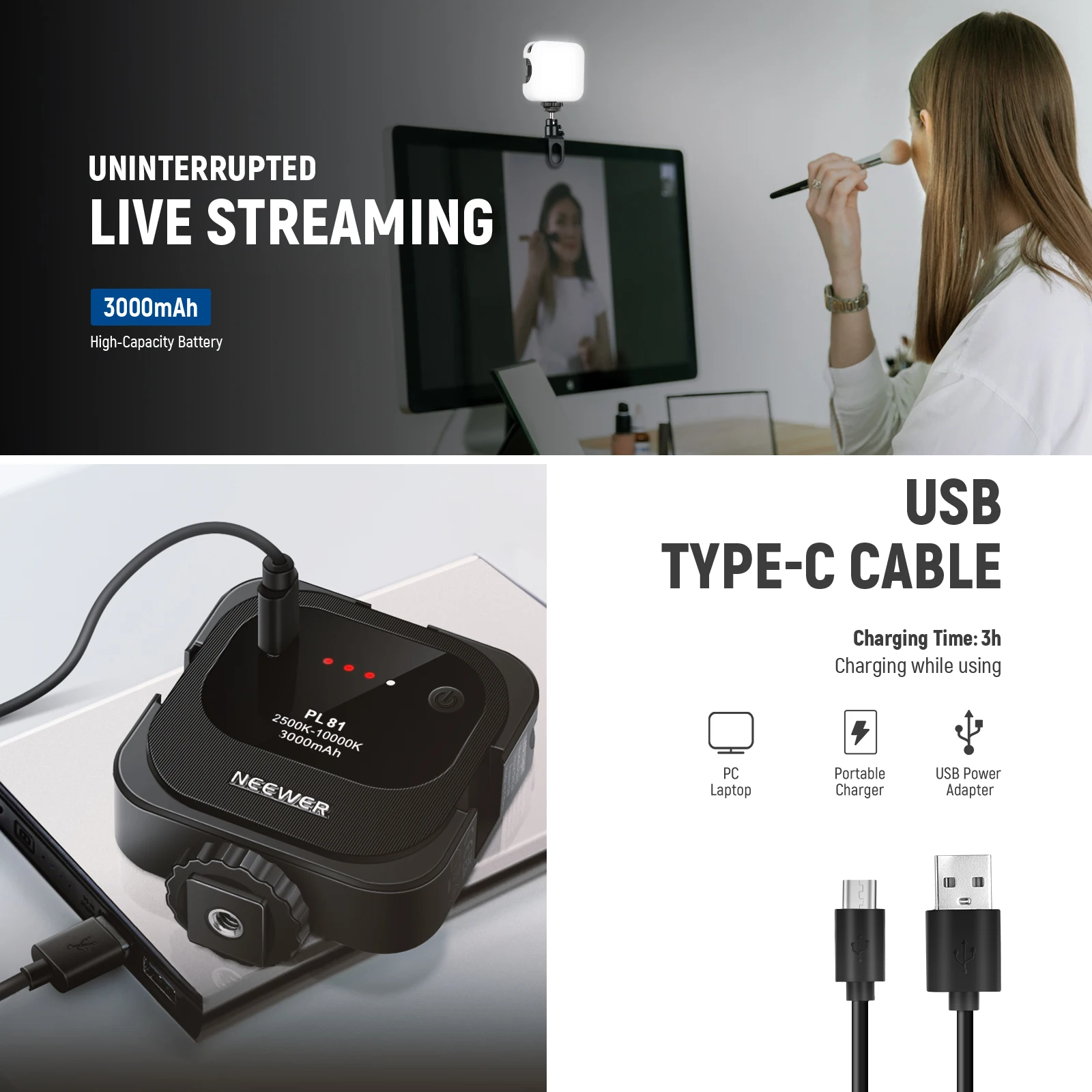 Neewer 울트라 브라이트 미니 LED 비디오 라이트 49 디밍이 가능한 고전력 LED 패널 비디오 라이트 Iphone 15 Pro Max 컴퓨터와 호환 가능