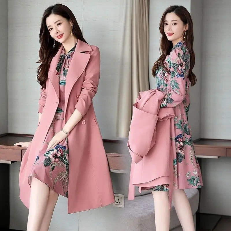 Women Sets 2022 Spring Autumn Two Piece Set Dresses + Trench Coat Casual Loose Elegant Long Sleeve Printed Dress Suit J272 |