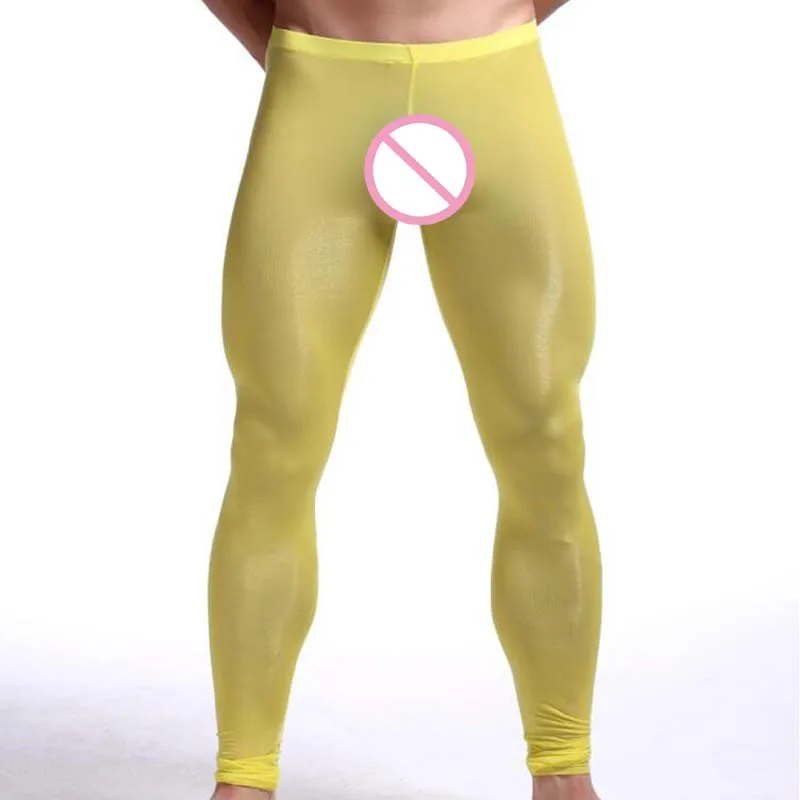 New Men's Sexy Nylon Transparent Long Johns Homme Lce Silk Sheer Leggings Bottoms Gay Spandex Lounge Tights Underwear Homewear 6