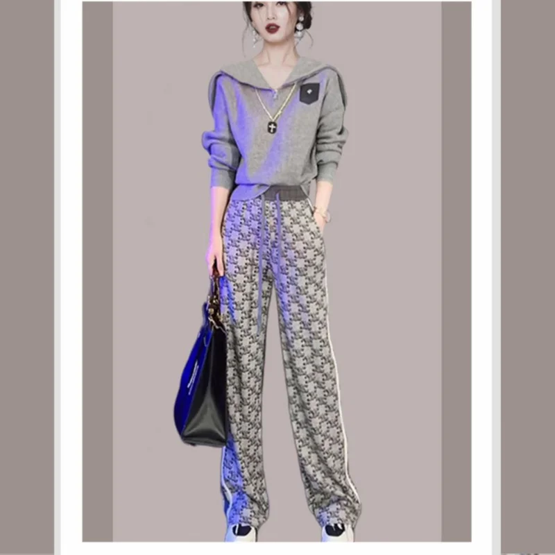 Spring and Autumn Women's Fashion High-end Casual Short Long Sleeve Sweatshirt Trousers Letter Printed Sportswear Set