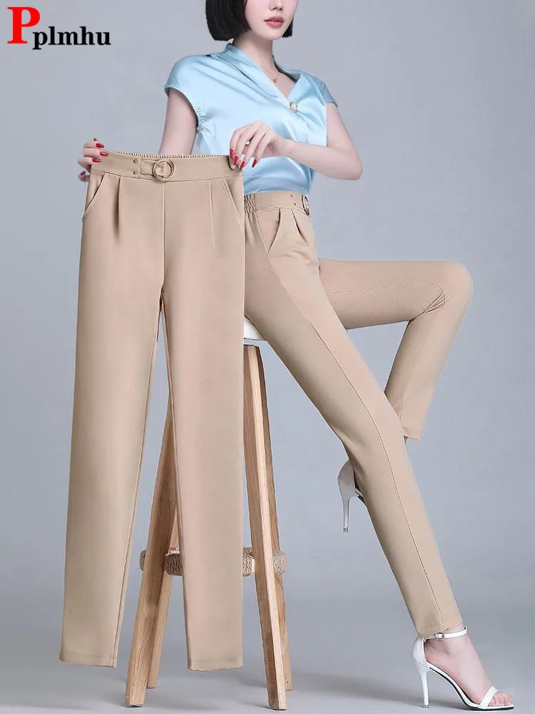 

Elastic High Waist Straight Suit Pants Slim Big Size 4xl Women Casual Pantalones Summer New Solid Ankle-length Office Spodnie