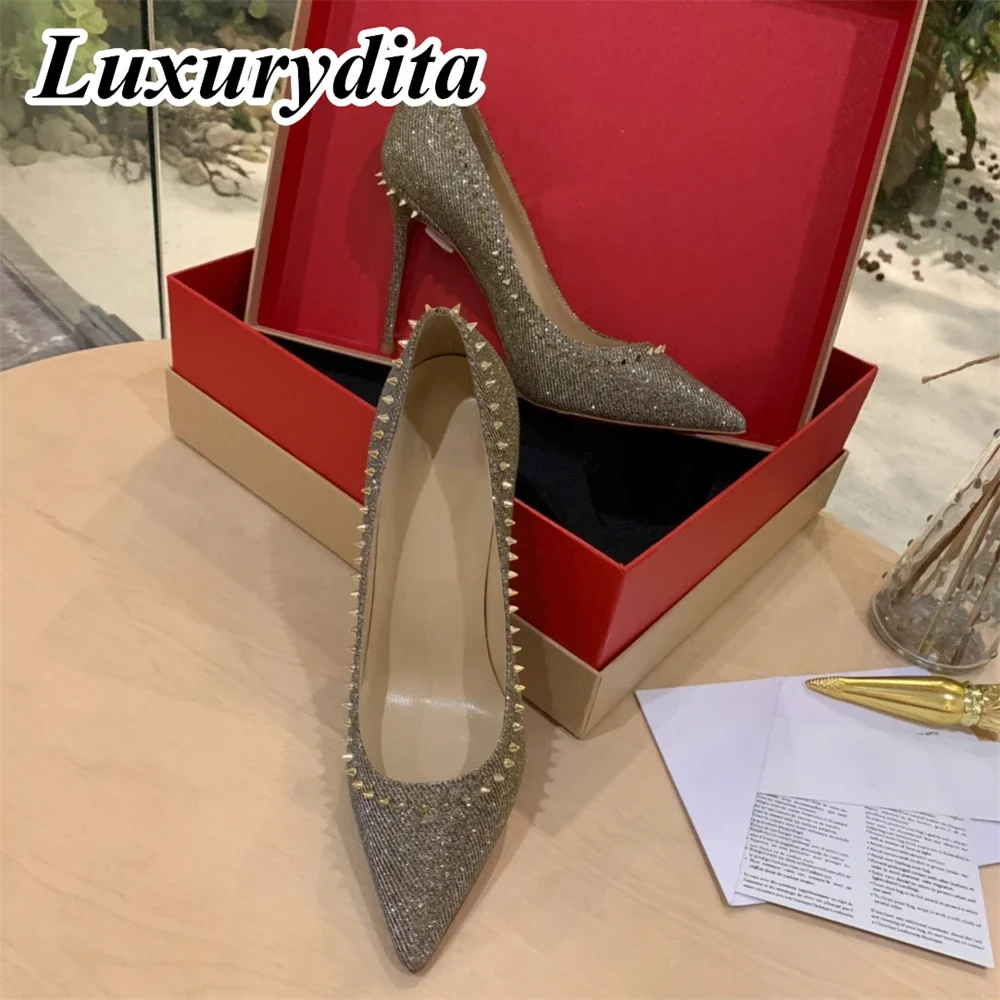 

LUXURYDITA Designer Womens High heels Sandals Real Leather Red heel Pumps Luxury Dinner Wedding Party Banquet Mules H2182