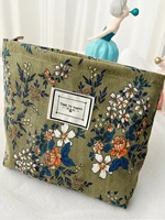 Olive Green Zipper Closure Cosmetic Bag With Flower Print Vintage Pattern Corduroy Makeup Bag Multifunctional Portable Pouch 1