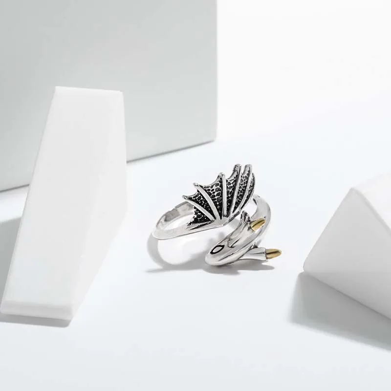 Flying Dragon Ring Retro Silver Adjustable Couple Jewellery_voghion.com
