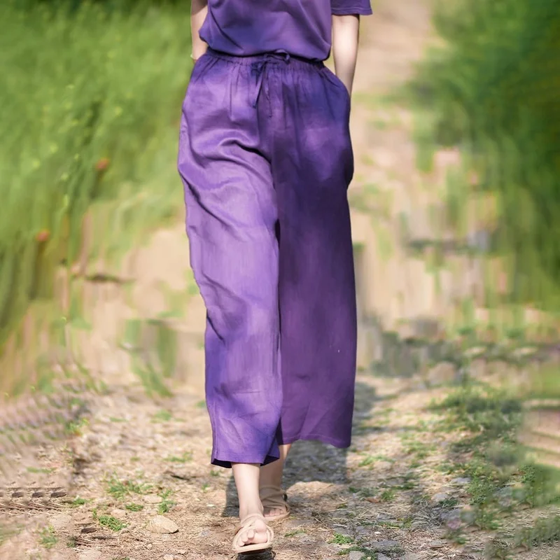Summer Pants for Women Cotton Linen Purple Casual Wide Legs Pants Ladies Drawstring Loose Solid Color Ankle Length Trousers