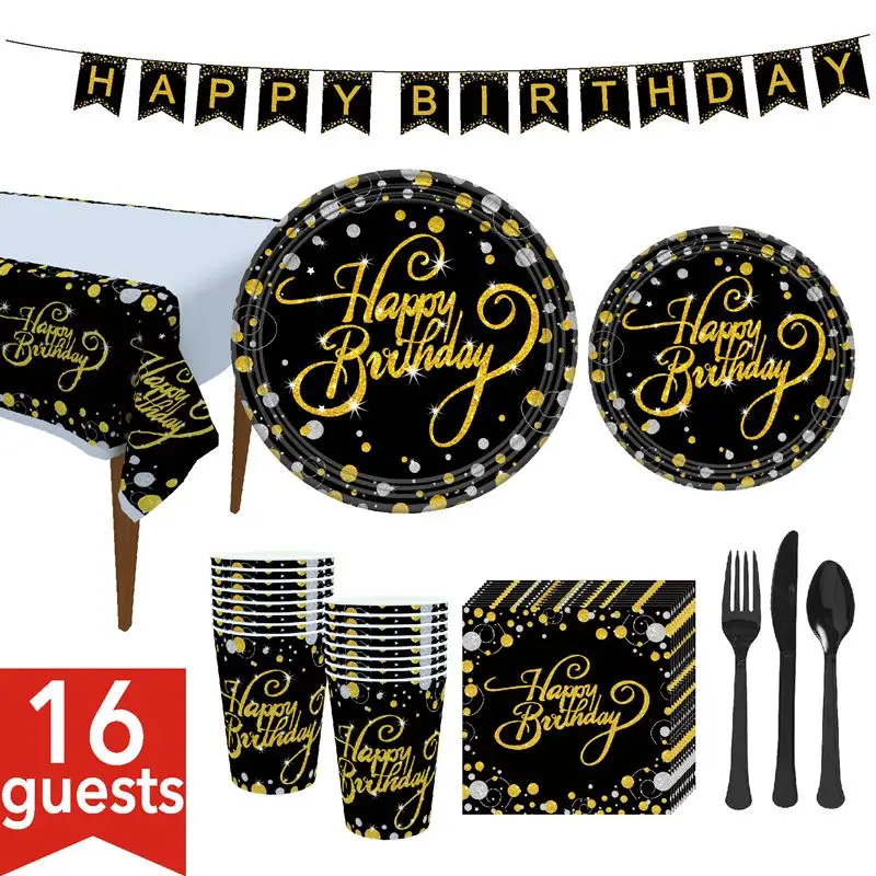 BlackGoldPinkGoldAdultPartyDecorationTablewareSetDisposableBirthdayPartyPaperPlate