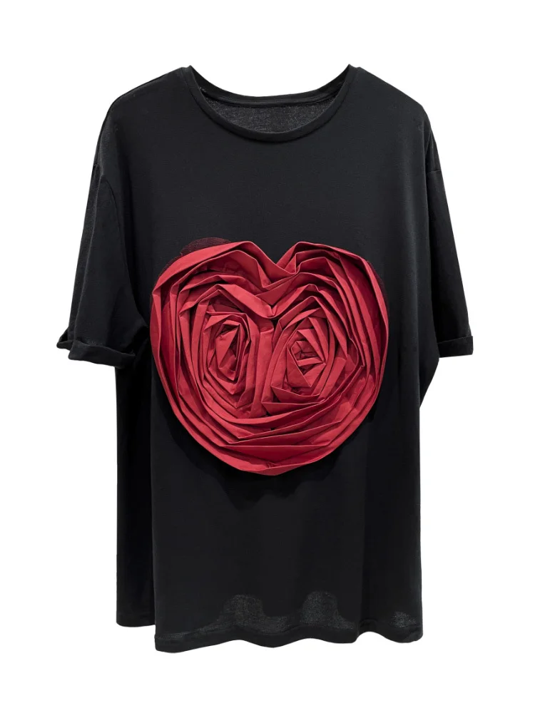 

ZCSMLL Women Three-dimensional Flower Big Size Casual T-shirt New Round Neck Short Sleeve Fashion Spring Summer 2022 T7853
