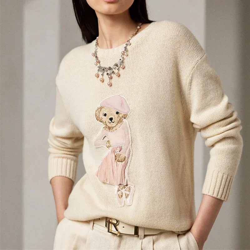 

2023 New Winter Women Knitted Sweaters O Neck RL 100% Cashmere Cartoon Embroidery Bear Fashion Casual Long-sleeve Pullovers