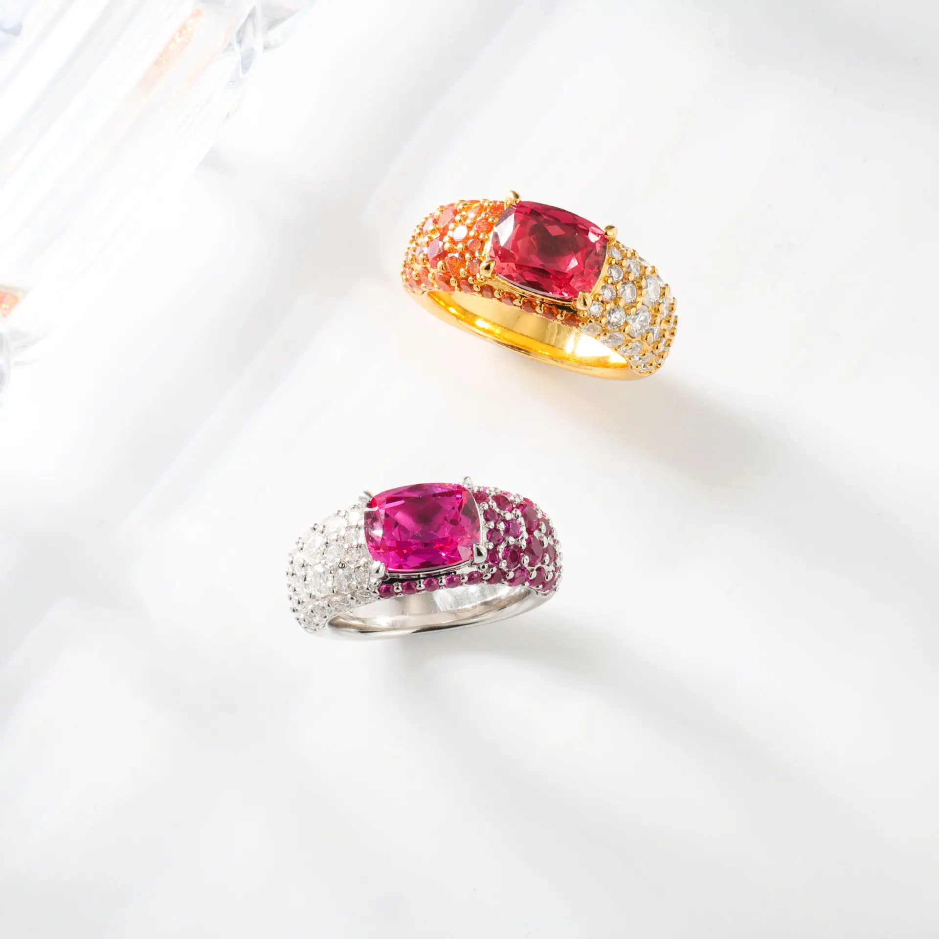 Natural Pink Purple Sapphire Lab-Grown Gems Padparadscha Full Diamond Bridal Cocktail Ring 18K White Gold Luxury Fine Jewelry