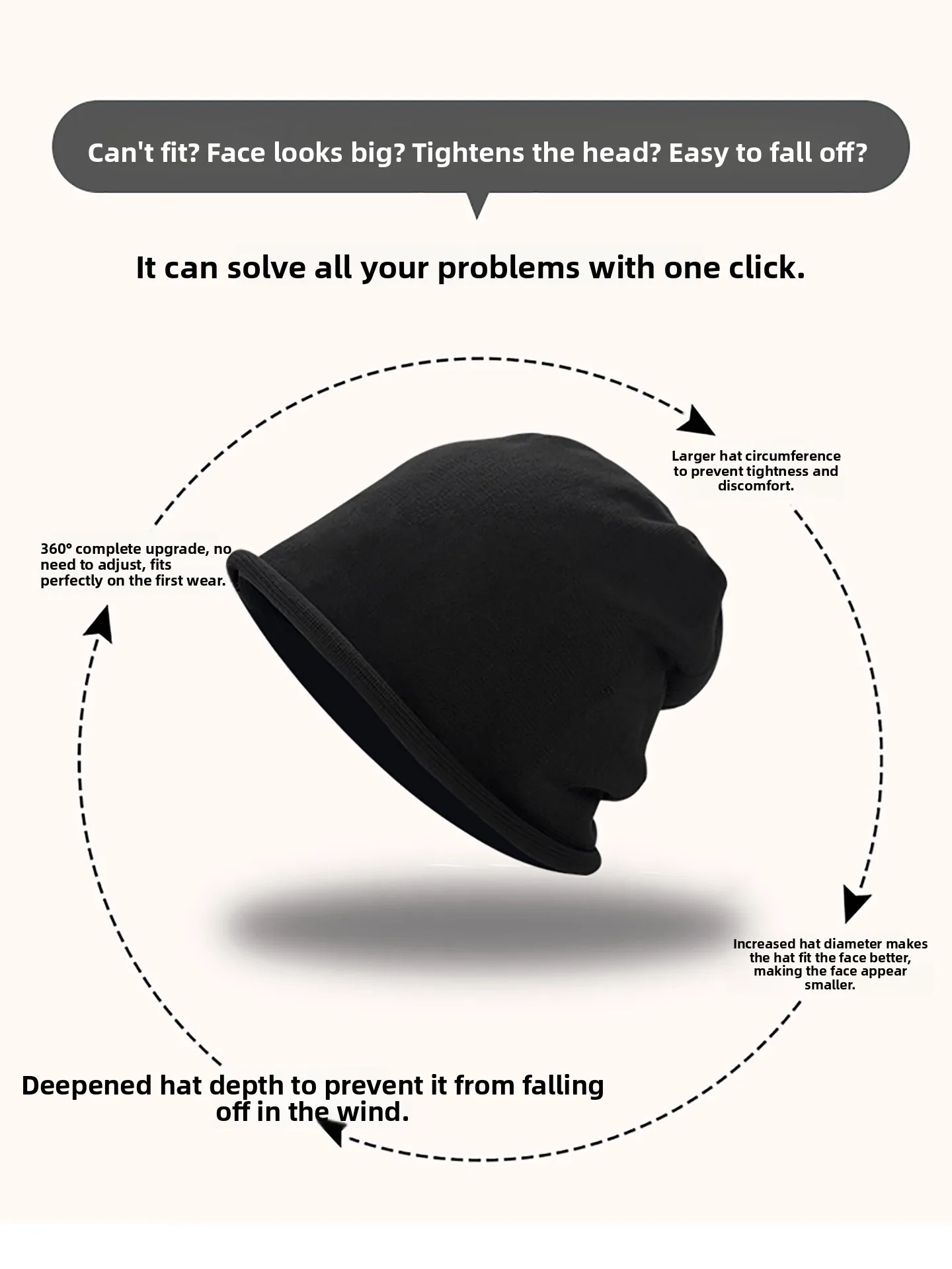 Xu Shuxin Women's Hat Casual Style round Top No Brim Cotton Cap Spring Autumn Winter Universal Large Head Size Black Cuffed T... - 5