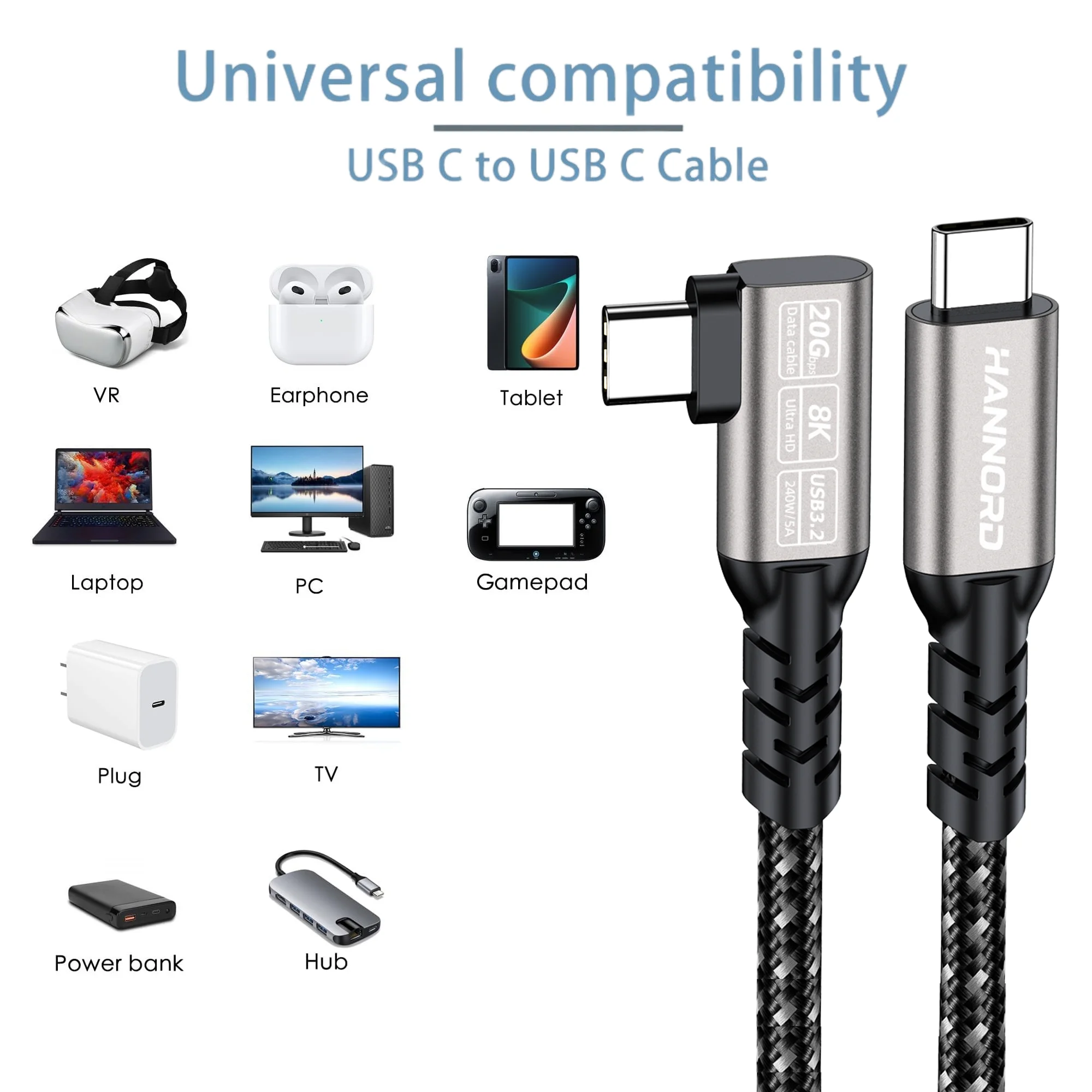 Hannord USB C 3.2 Gen 2 유형 C 케이블 20Gbps 8K@60HZ 비디오 VR 데이터 케이블 5A 240W PD 노트북 Macbook Pro iPad용 고속 충전