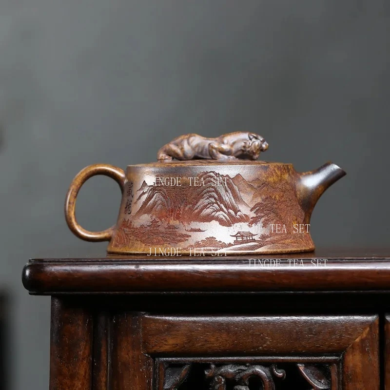 220ml Chinese Yixing Handmade Purple Clay Teapot Creative Household Tea Pot Hand-carved Dragon Tiger Kettle Zisha Tea Set Gifts