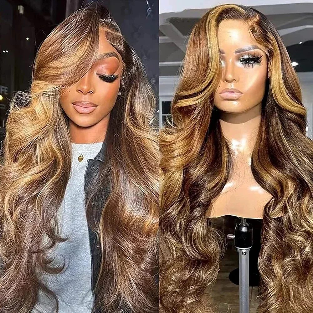 28 30 Inch Highlight Ombre Body Wave 13x4 Lace Front Human Hair Wigs Colored 4/27 Water Wave Frontal Wig For Women Preplucked