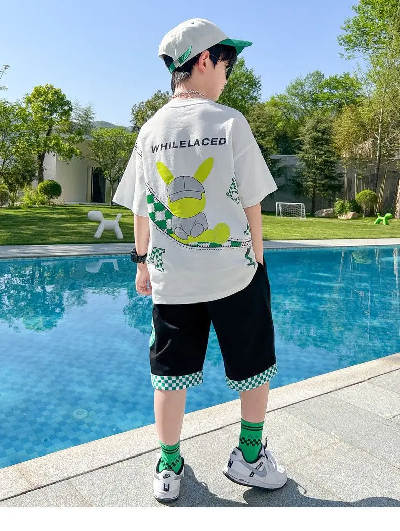 Boys cotton cartoon alphabet T-shirt with plaid shorts 2-piece outfit 0215