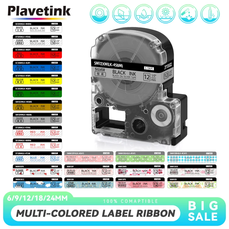 

PLAVETINK SM12XW Label Tapes LK-4SBM Compatible for Epson LabelWorks LK Tape Standard 12mm For LW-300 LW-400 SR530C Printers