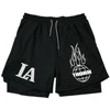 Summer Letter LA Shorts Men's 2-in-1 Compression Quick Dry Shorts GYM Training Double Layered Fitness Running Sports Short Pants 1
