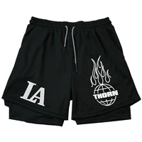Summer Letter LA Shorts Men's 2-in-1 Compression Quick Dry Shorts GYM Training Double Layered Fitness Running Sports Short Pants 1