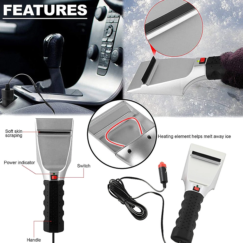 12V Winter Electric Heater Car Ice Scraper Windshield Glass Snow Shovel Removal Defrost Cleaning Tool Heat Snow Scraper