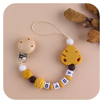실리콘 잎 비즈 Teether 장난감 더미 홀더, 영문 이름 젖꼭지 체인 아기 젖꼭지 클립 체인 맞춤형 액세서리