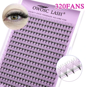 OWOSC 포인트 베이스 프리메이드 볼륨 팬 속눈썹 연장, 개별 샤프 포인트 스템 320 팬, 커스텀 로고, 3D, 6D, 8D, 10D, 12D, 14D
