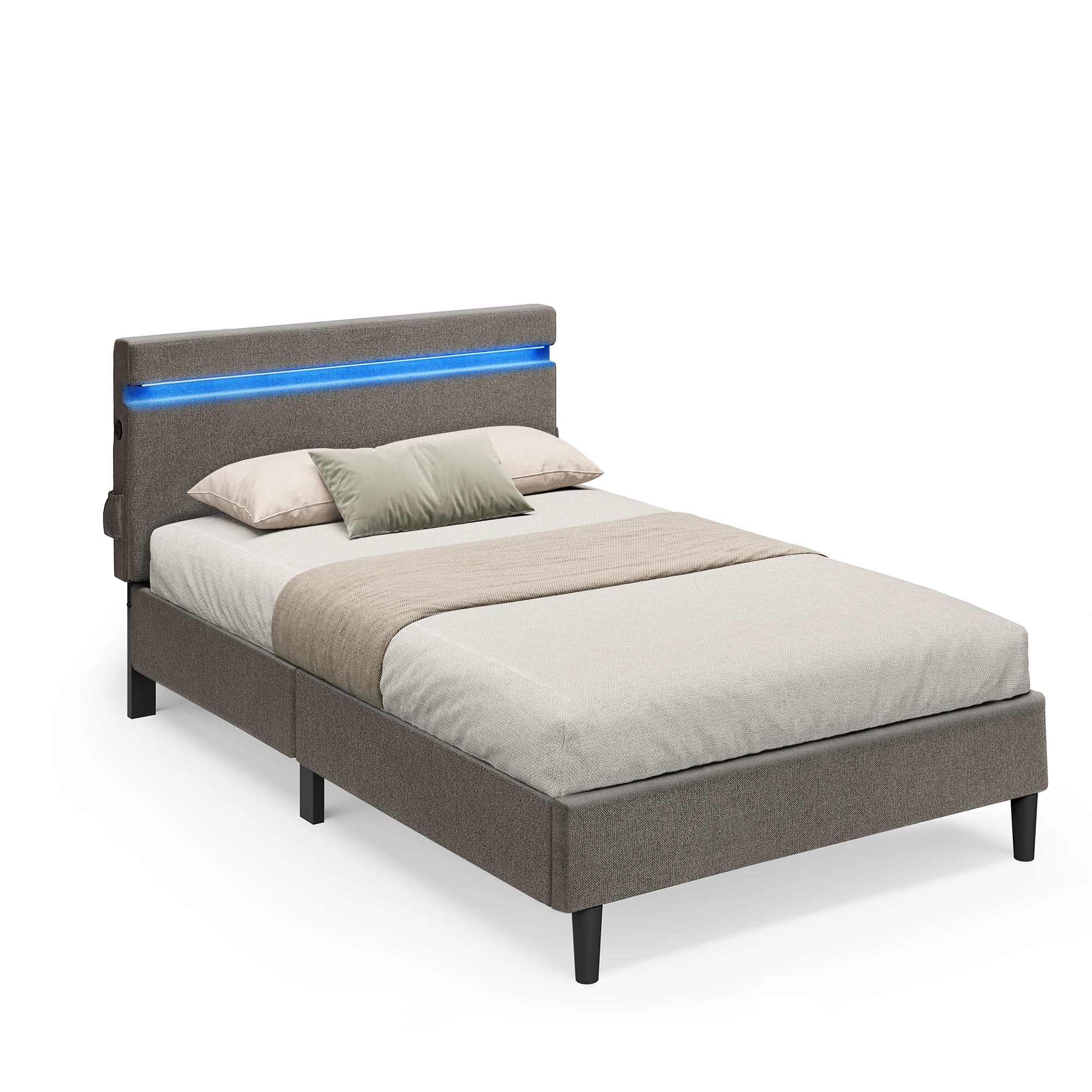 Lit Simple Métal VASAGLE 90x190cm - Tête De Lit Rembourrée Réglable, LEDs RGB, Ports USB/Type-C, Gris Foncé