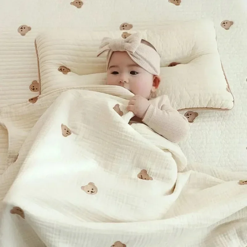 Cotton Muslin Baby Blanket Newborn 6 Layer Gauze Stroller Blanket Bear Embroidery Kids Sleeping Blanket Bedding Baby Item 2